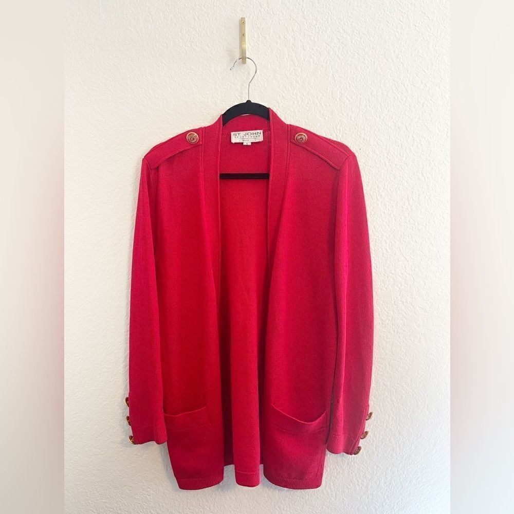 St John Knit Long Jacket cardigan with enameled button design in red. Small